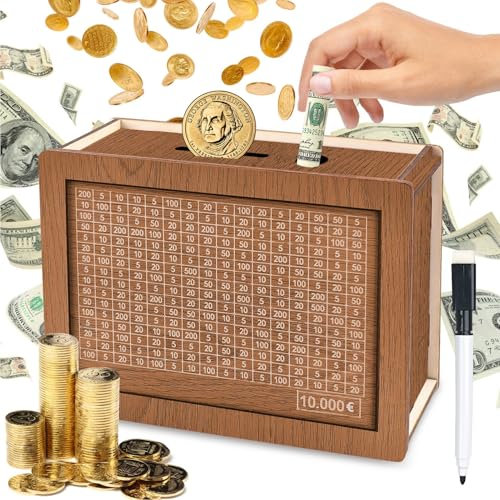 Rismise Cash Saver Box Kassentresor Holzspardose Spardose mit Zähler Holzgeldaufbewahrungsbank Retro Cash Saver Holzspardose Sparschwein mit Zahlenkreuz für Kinder und Erwachsene 10000€ (10000€)