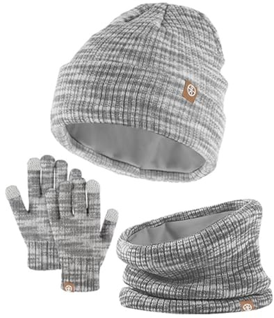 Kinder Strickmütze + Loop Schal + Handschuhe Set, Baumwollmütze Junge Mädchen Weich Kinder Beanie Mütze Nackenwärmer Halsbänder Halstuch Handschuh für Herbst Winter