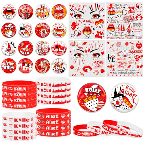 HOWAF Karneval Köln Accessoires, Köln Karneval Buttons Anstecker, Kölle Alaaf Armband, Köln Tattoos Karneval Rot Weiss Gesichtstattoo für Karneval Kostüm Köln, Faschingskostüme, Fasching Kostüm