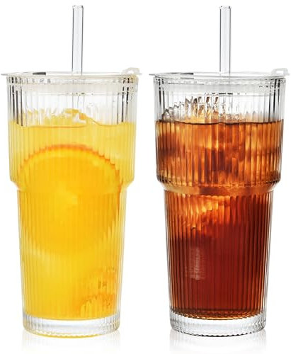 VITEVER 2 Stück 600ml Gerippte Glasbecher mit Deckel und Strohhalm, Eiskaffee Gläser, Longdrinkglas Set, Smoothie Becher, luftdichtes und wasserdichtes Design, ideal als Kaffee