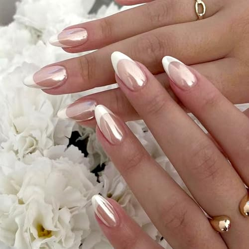 24 Ongles Pressés Français Blancs Nacrés - Faux Ongles Amande Respirants - Manucure Maison Facile - Pour Femmes - 12 Tailles Incluses