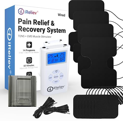 iReliev TENS + EMS Combination Unit Muscle Stimulator for Pain Relief, Arthritis, Muscle Strength - Treats Tired, Sore Muscles in Your Shoulders, Back, Ab's, Legs, Knee's, More