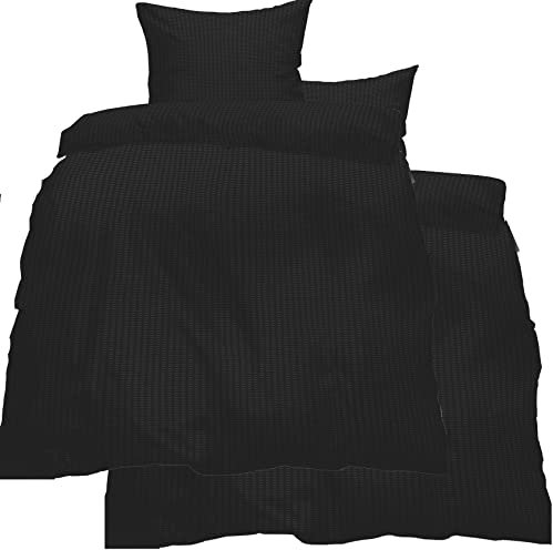 Seersucker Bed Linen (4-Piece Set 2x 135 x 200 cm + 80 x 80 cm, Black, Plain Non-Iron Plain Microfibre (60284)