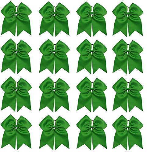 16PCS 8 Large Cheer Hair Bows Ponytail Holder Elastic Band Handmade for Cheerleading Teen Girls College Sports (Green, 1 Count (Pack of 16))