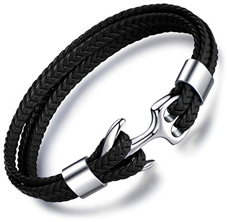 MicLee Men's Handmade Leather Bracelet Multilayer Vintage Anchor Bracelet Cuff Wrap Rope Wristband with Gift Box