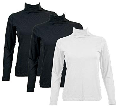 Camisetas Cuello Largo Mujer Manga Larga Algodón Pack 3u - Shirt Camiseta Camisa Estilo Cisne Regular Casual Color Liso Long-Sleeve Basico Esencial Original (Pack A, L, l)