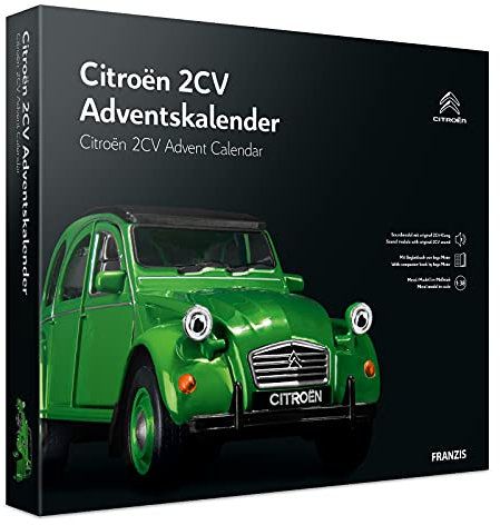 Franzis 55154 - Citroen 2CV Adventskalender grün, Metall Modellbausatz im Maßstab 1:38, inkl. Soundmodul und 50-seitigem Begleitbuch
