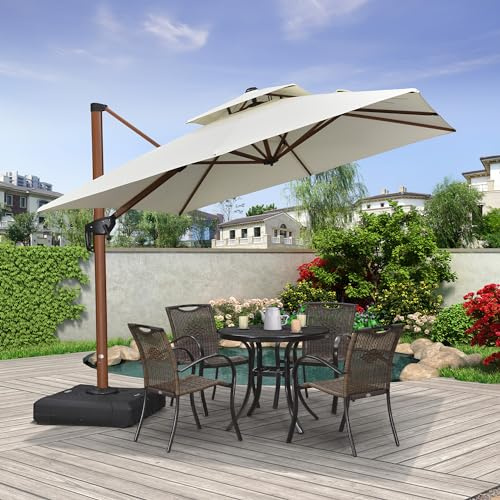 PURPLE LEAF Ombrellone da Giardino 2.7x2.7 m, Alluminio di Grande Ombrellone con Aspetto a Venatura di Legno, Tetto Doppio Rotazione a 360°, Protezione UPF 50+, Per Caffè, Terrazze, Ristoranti, Bianco