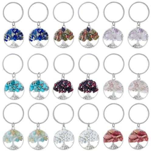 SUPERFINDINGS 18 Stück 9 Stile Baum Des Lebens Schlüsselanhänger Natürlicher Kristallstein Handgemachter DIY Schlüsselanhänger Charm Anhänger Edelstein Schlüsselanhänger Charm Für Handgemachte DIY