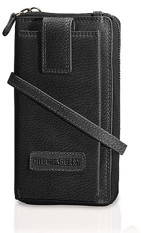 Hill Burry Echtleder Handy Portemonnaie Rinara I Geldbörse | Umhängetasche | Handy Wallet hochwertigem naturgegerbtem Leder | RFID Schutz | B 11cm x H 19,5cm x T 4,5cm (Schwarz)