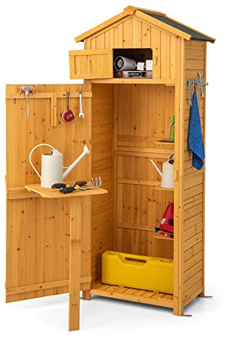 COSTWAY Gartenschrank Holz, Gerätehaus wetterfest, Geräteschuppen mit klappbarem Tisch & Tür & 8 Haken, Holzschuppen mit Satteldach, Geräteschrank Gartenschuppen, für Garten, Terrasse, Hof Natur
