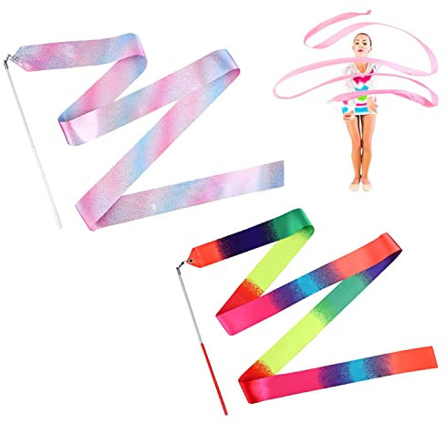 MagiSel 2 Stück Rhythmische Tanzbänder, 2m Tanzbänder mit Stab, Regenbogenfarben Gymnastikband, Tanzen Band für Kinder Rhythmische Sportgymnastik, für Kindertanz, Künstlerische Tanztraining, Zirkus