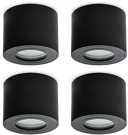 KYOTECH LED Aufbauspot flach IP44 Schwarz Aufputz Deckenleuchte Ø80x65mm für LED Module 230V Aufbauleuchte Downlight Runde Wasserschutz für Bad & Außen 4 Stück ohne Leuchtmittel