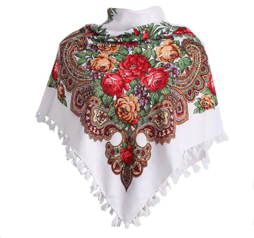Gudessly 35 Women's Traditional Tassel Exotic Wrap Printed Scarf Pashmina Shawls and Wraps Winter Warm Soft Square Head Scarf Hair Scarves Bandana for Women (White)