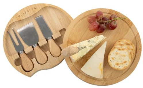 Dyanatic Round Charcuterie Boards, Cheese Board Set with Slide Out Knife Compartment | Cheese Board and Knife Set, House Warming Gifts New Home | Cheese Gift Set, Perfect Cheese Board Gift Set