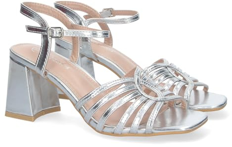 shoes&blues.es 81595-Sandalia de Tacon para Mujer, Comodas, con Adorno en la Pala, Cierre de Hebilla, Ideal para Eventos.. Talla 39 Plata