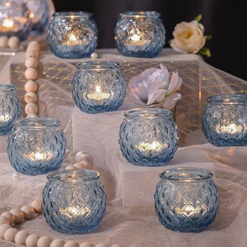 DARJEN 12 blaue Votivkerzenhalter – runde Glaskerzenhalter für Teelichter, Diamant-Textur, Votivkerzen für Hochzeit, Party und Heimdekoration