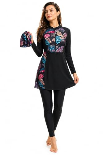 Women's 3-Piece Burkini Modest Swimwear Full-Coverage Rash Guard Long Sleeve Swim Top with Pants and Hijab Tankini Set Summer Beachwear in Black | Free Compressed Towel Included! (XL)