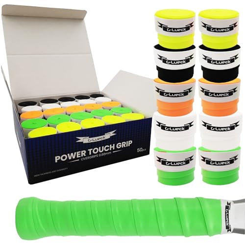 G-Lueck 50er Set Tennis Premium Overgrip Power Touch - Hoher Grip, Lange Haltbarkeit - 0,60mm Stärke | Griffband für Padel, Squash, Badminton Schläger | Anti-Rutsch (Farbmix)