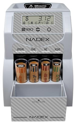 Nadex S180 Digital Coin Counter & Sorter – Counts and Wraps Coins Automatically, Stops When Rolls are Full, Carbon Fiber Finish.