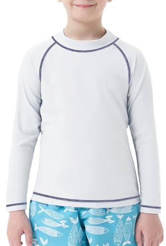 MEETWEE Pojkar simning kortärmad/långärmad tröja barn simning UV t-shirt barn badskjorta rashväst surfing t-shirt snabbtorkande strandskjorta vattensport topp, Vit lång ärm, 8 år