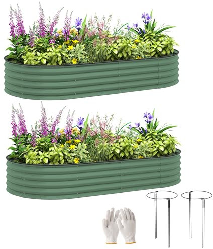Outsunny Set of 2 Raised Beds for Garden, Outdoor Galvanised Planter Box with Plant Support Stakes, Rubber Strap Edging and Bottomless for Flower, Vegetable, 181 x 93 x 30 cm, Green