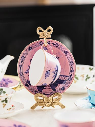 Heimvita Elegante supporto per tazze da tè e piattini in ottone con design a fiocchi, stile vintage, per tazze da tè e piattini, per decorazione della casa, feste da tè e oggetti da collezione