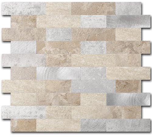 BeNice Stick on Wall Tiles Kitchen,Marble Splashback Mosaic Tiles Stickers Self Adhesive Bathroom Matte(5 pcs Beige Grey)