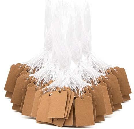 200 étiquettes pour pendentifs, 25 x 15 mm, papier kraft pour étiquettes de prix, étiquettes de prix, faites à la main, avec cordon élastique, pendentif pour bijoux, vêtements, cadeaux (marron)