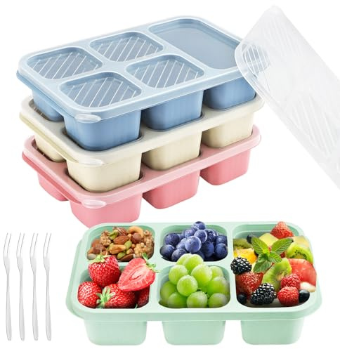 4 stycken snackslådor med fack för barn, bentolåda för vuxna med fack, återanvändbar lunchlåda, snacksbehållare, matlåda med gafflar för skola, arbete, resor (5 fack)