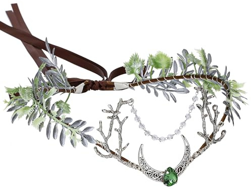 MOSTORY Silberner Mond, florale Elfenkrone für Renaissance, Cosplay, Waldfee, Kopfschmuck für Renfaire, Halloween-Party