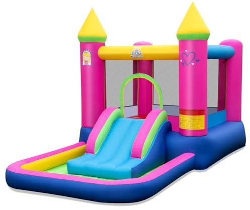 COSTWAY 4 en 1 Casa Hinchable para Niños, Casa Inflable con Tema de Princesa, Tobogán, Área de Salto, Aro de Baloncesto y Piscina de Pelotas, Malla Protectora, para Interior/Exterior, 3-12 Años