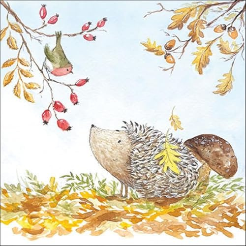 20 Servietten Herbst Herbstcomic Igel und Vogel als Tischdeko. Papierservietten mit Motiv. Auch für Decoupage und Serviettentechnik 33x33cm