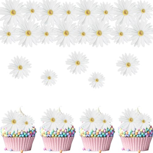 ENLACE Weiß Blumen Tortendeko Essbare Blumen für Torte,65 Stück Weiß Gänseblümchen Cupcake Deko Essbar,Esspapier Blumen Deko Torte,Essbare Blüten Tortendeko Hochzeit,Kuchendeko Blüten Geburtstag Taufe