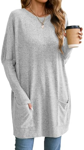 Famulily Long Tunics for Women Casual Solid Color Oversized Long Tshirt Crew Neck Sweatshirt with Pockets