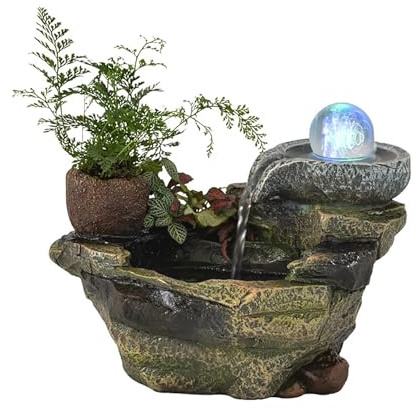 Fontana D'Acqua da Tavolo per Interni in Resina, Umidificatore a Cascata con Luci a LED, Pompa Automatica, Decorazione da Scrivania per Acquari, Ufficio, Camera da Letto(A)