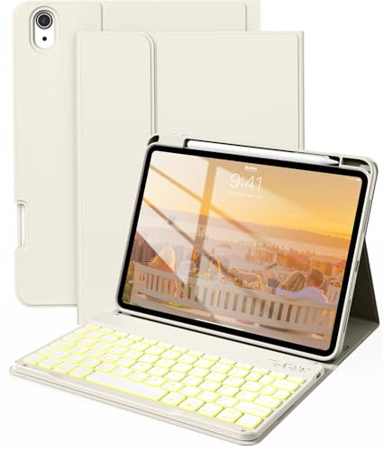 BQDIYOO Custodia per tastiera per iPad A16 da 11/10 generazione (2025/2022, 11/10,9 pollici), magnetica, con porta penna per iPad 11th/10th Gen, bianco crema