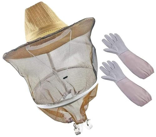 DIYEAH Gorro de Apicultor Multifuncional Velo Guantes Largos de Algodón para Apicultura Protección contra Aguijonazos 1 Gorro 1 Par de Guantes Uso Profesional y Seguro