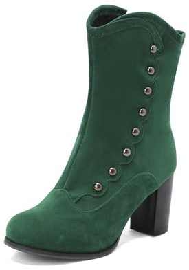 Vintage Korta Stövlar Med Nitar Damankelboots I Mocka Med Blockklack 2025 Varmt Fodrade Ankelstövlar Höst Vinter Höga Klackar Med Dragkedja Eleganta Aftonskor(Green,37 EU)