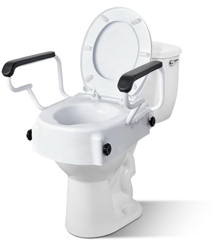 XIAOSHUNER Raised Toilet Seat with Handles - Adjustable Height - Add 5 inches - Toilet Seat Risers for Seniors - Supports 300lbs - for Standard/Round Toilet, Includes Lid, Elevated Toilet Seat, White