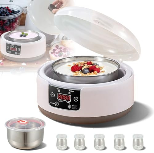 Yogurtiera E Fermentatrice Multifunzione - 1,2 L Con Timer, Controllo Della Temperatura, 5 Barattoli Di Vetro E Coperchio Trasparente | Prepara Yogurt E Natto | Acciaio Inossidabile,A