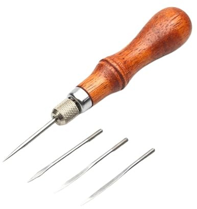 WENYOG Punteruolo per Cucire Set di Strumenti punteruolo in Pelle, Manico in Legno Fai da Te, Cucito, Cuciture, Allacciatura, Strumento AntiGraffio