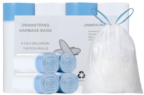 JIMMRAUMADIA 132pcs Sacs Poubelle 35L, avec Cordon de Serrage, Dégradables | Sac à Déchets, Sacs Poubelle à Bande de Fixation, Sac Poubelle Cosmétique, Sacs à Déchets pour Cuisine, Bureau, 55 x 65cm