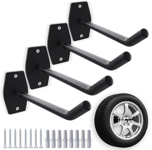 NEOLYMP Autoreifen Wandhalterung 4er Set - Platzsparende Reifenlagerung in der Garage - gehärteter Stahl, gummiert, bis 40kg pro Wandhalter - inkl. Fischer Dübel - Reifenhalter Wandhalterung