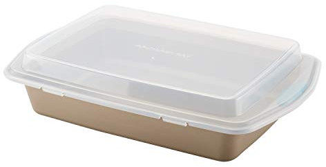 Rachael Ray Cucina Nonstick Baking Pan / Cake Pan With Lid and Grips, Rectangle - 9 Inch x 13 Inch, Brown