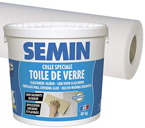 Semin Colle murale pour toiles de verre et revêtements muraux légers, Pâte, Blanc, Seau 5 kg, Toile de verre pour murs et plafonds, Motif Maille, 25 m x 1 m