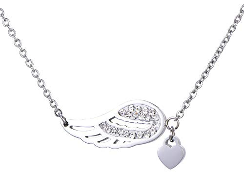 Morella Collier Femme avec Pendentif Ailes d'ange et Coeur Acier Inoxydable argenté et Sac en Velours