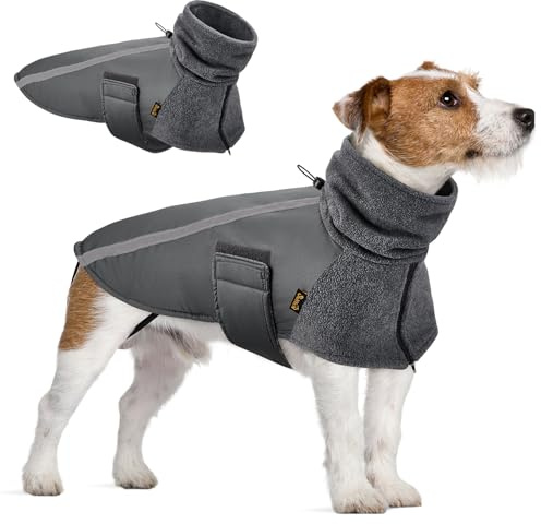 SlowTon Abrigo para Perro Invierno, Cálido Forro Polar para Exteriores con Bufanda De Cuello Alto, Rayas Reflectantes, Chaleco Resistente Al Viento, Juegos Suaves para Mascotas Gris