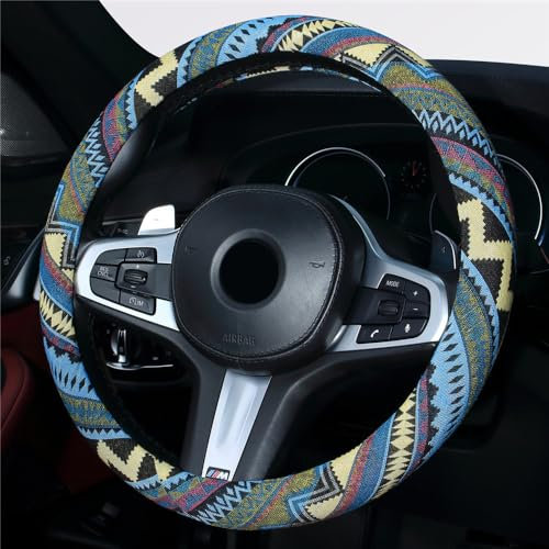 Istn 2018 Lenkradbezug im ethnischen Stil, grobes Flachsstoff, rutschfest und schweißabsorbierend, Auto-Abdeckung (L, 38,1 cm (15 Zoll) (passend für die meisten Autos))