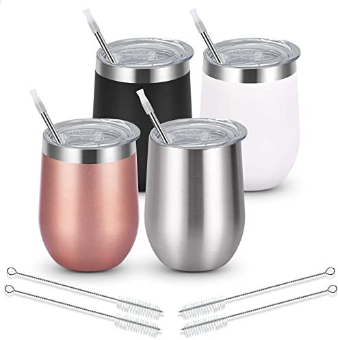 Livole Wine Tumbler Gifts Set of 4, 12 Oz Stainless Steel Double Wall Vacuum Wine Glass with Lid and Straw, Unbreakable Stemless Travel Coffee Mug Cup for Family Gathering, Picnic Christmas Gifting